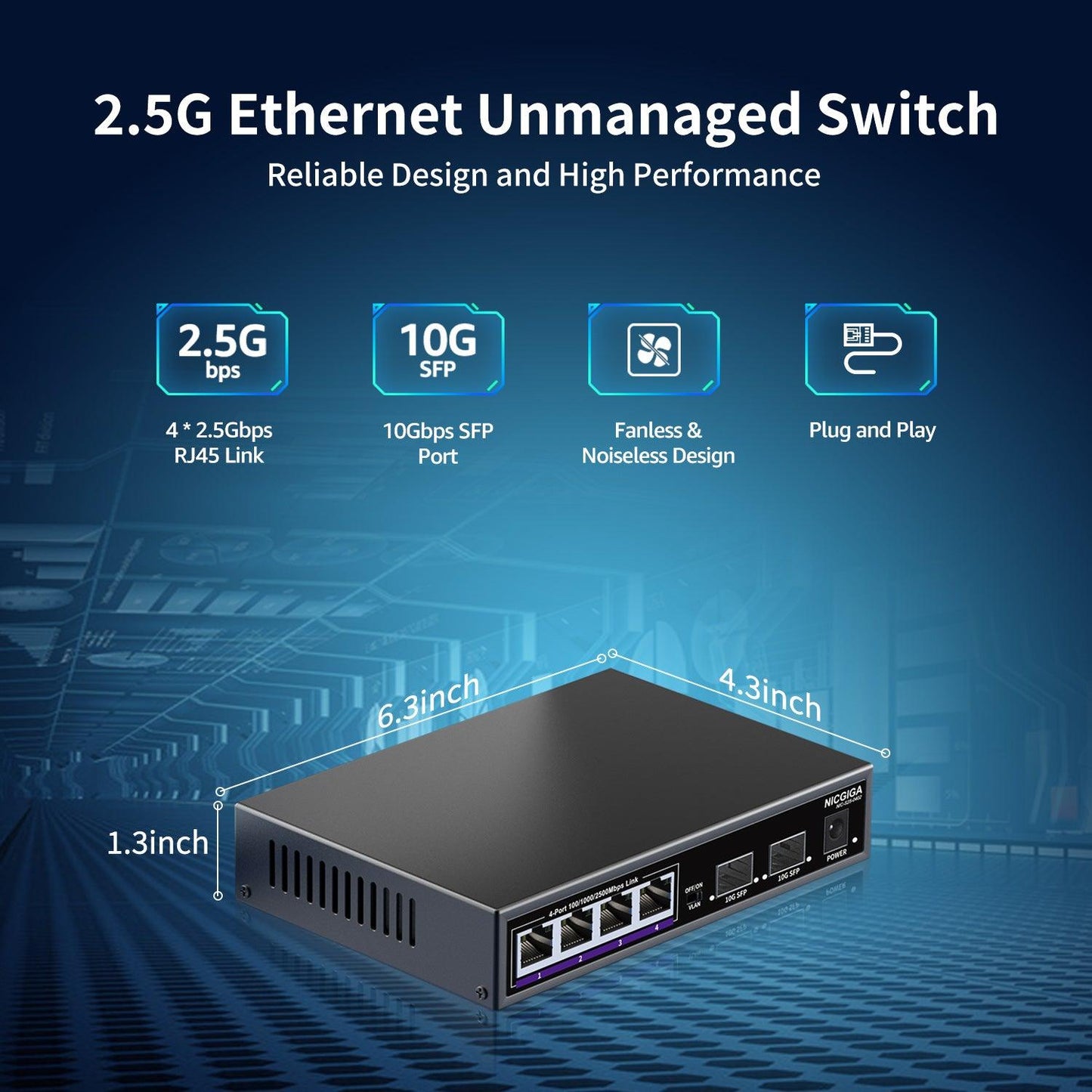 NICGIGA 6 Port 2.5G Ethernet Switch with 4X 2500Mbps + 2X 10G SFP Uplink Port, Unmanaged 2.5Gb Network Switch, One-Key VLAN, Plug & Play, Desktop/Wall-Mount, Fanless Metal Design.