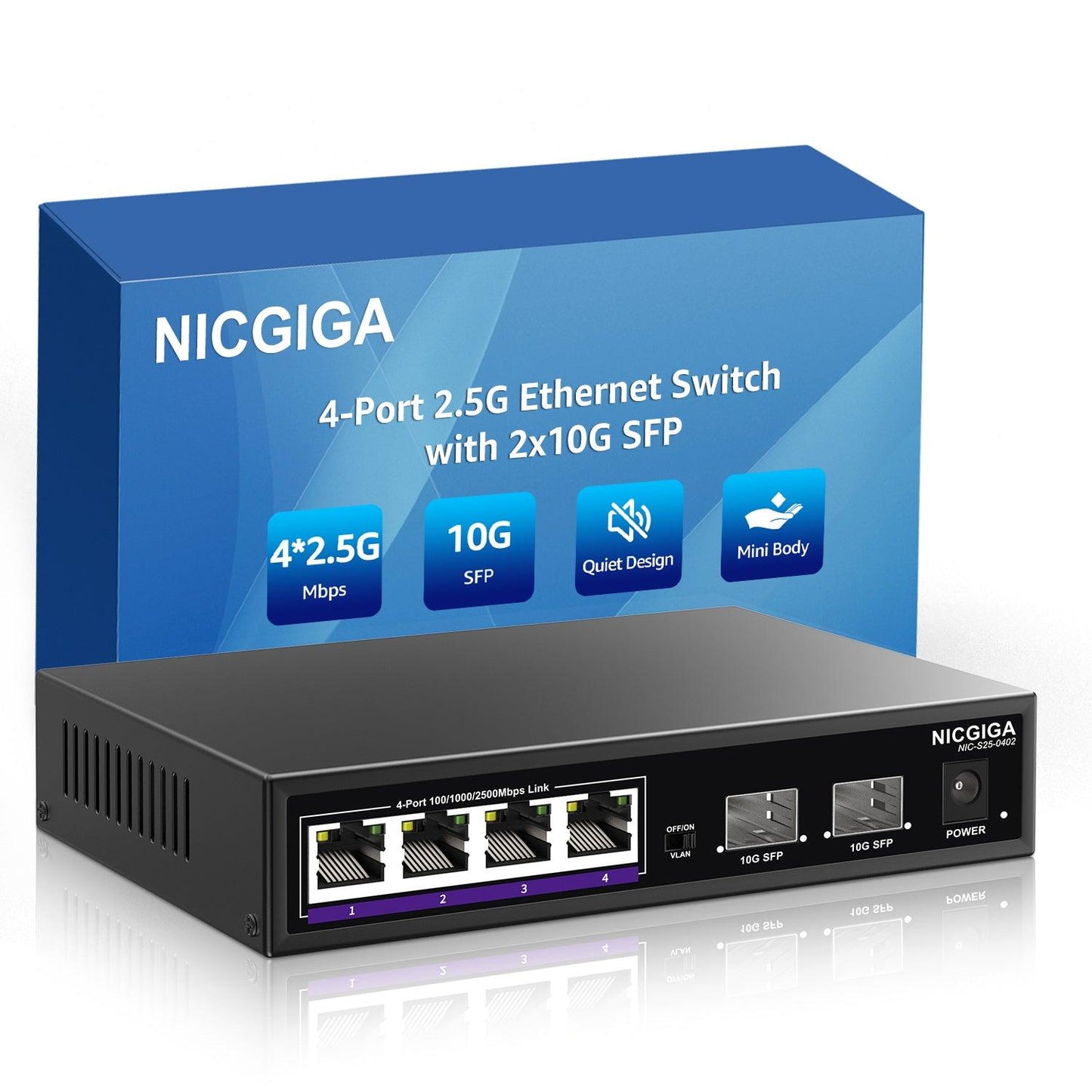 NICGIGA 6 Port 2.5G Ethernet Switch with 4X 2500Mbps + 2X 10G SFP Uplink Port, Unmanaged 2.5Gb Network Switch, One-Key VLAN, Plug & Play, Desktop/Wall-Mount, Fanless Metal Design.
