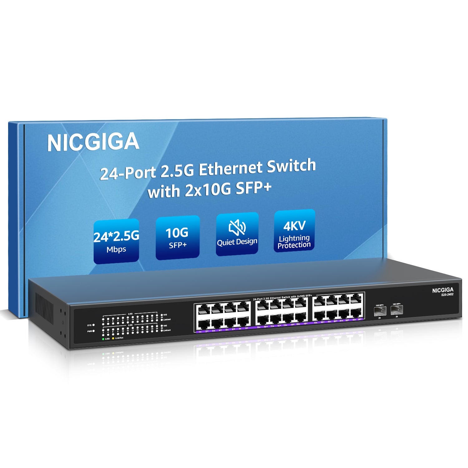 24 Port 2.5G ➕ 2 Port 10G SFP+ Ethernet Switch, NICGIGA 26 Port 2.5Gb Network Switch Unmanaged, Plug & Play, Desktop or 19-inch Rack Mount, Fanless Metal Design.