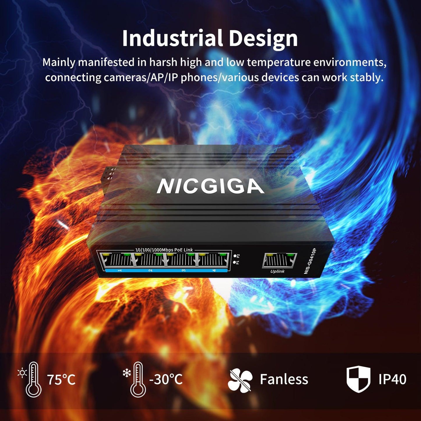 NICGIGA 5 Port Industrial Gigabit PoE Switch, with 4 x IEEE802.3af/at 30W PoE Ports @125W. IP40 Metal Enclosure, DIN-Rail, Compact PoE Power for Solar Power/RV Truck/VoIP Systems.