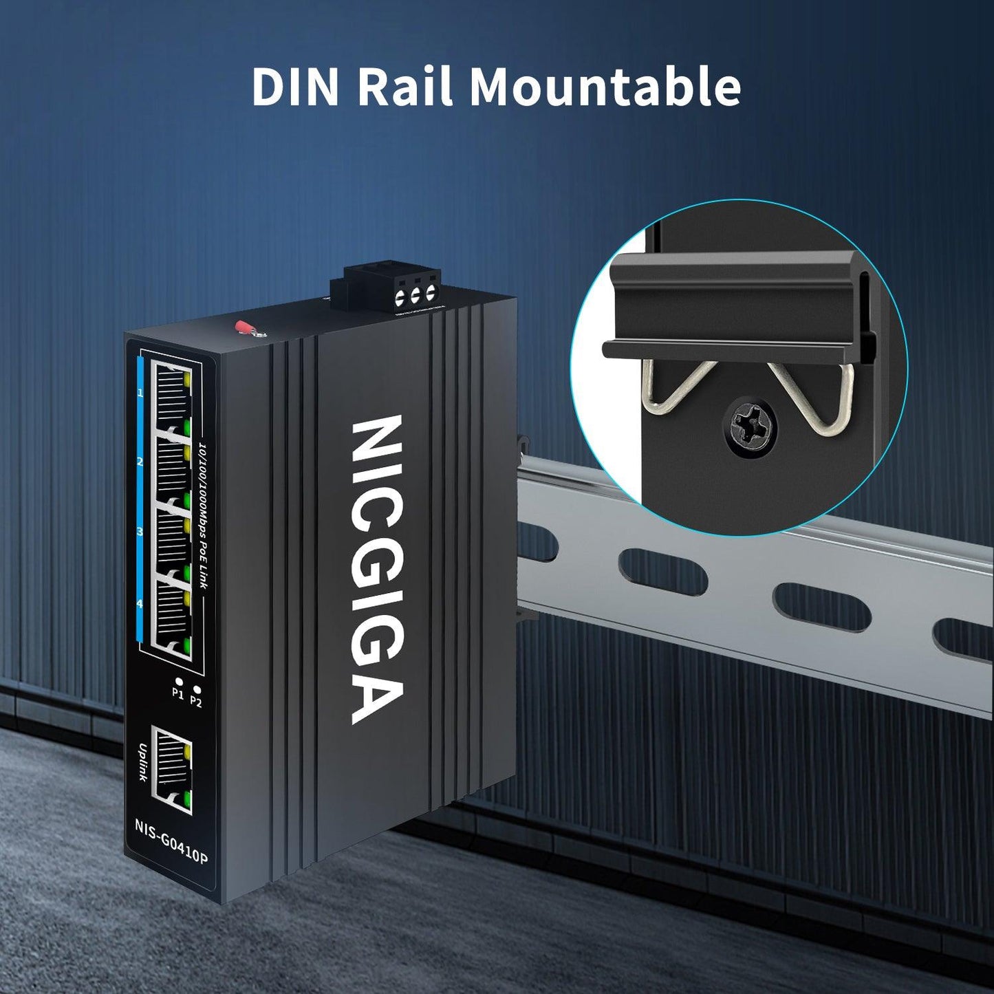 NICGIGA 5 Port Industrial Gigabit PoE Switch, with 4 x IEEE802.3af/at 30W PoE Ports @125W. IP40 Metal Enclosure, DIN-Rail, Compact PoE Power for Solar Power/RV Truck/VoIP Systems.