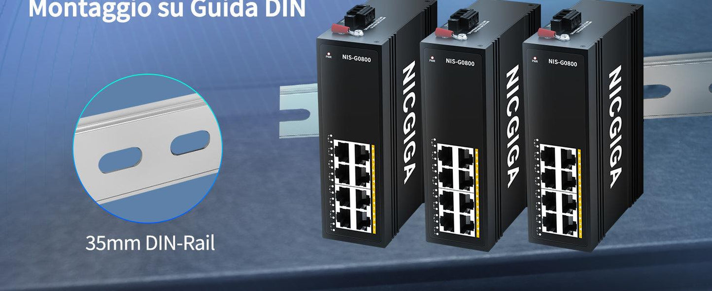 NICGIGA 8 Port Hardened Industrial Gigabit Ethernet Switch, with 8 x 1000Mbps RJ45 Ports Unmanaged Network Switch. DIN-Rail & Mount, IP40 Metal Enclosure(-30° to 75°)
