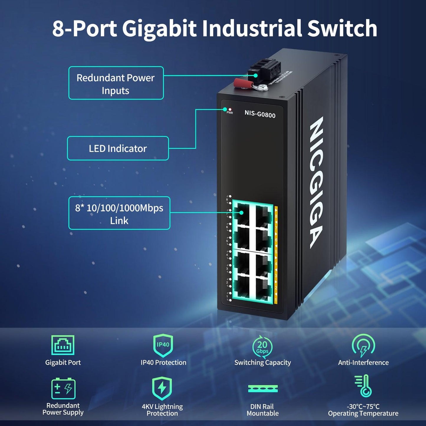NICGIGA 5 Port Hardened Industrial Gigabit DIN-Rail Ethernet Switch, with 4 x 1000Mbps Ports, 1 Gigabit UPLink Port Industrial Network Switch. IP40 Metal Enclosure(-30° to 75°)