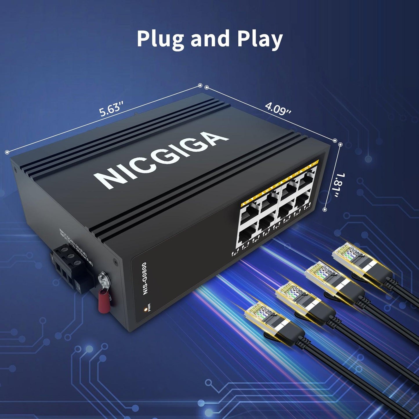 NICGIGA 5 Port Hardened Industrial Gigabit DIN-Rail Ethernet Switch, with 4 x 1000Mbps Ports, 1 Gigabit UPLink Port Industrial Network Switch. IP40 Metal Enclosure(-30° to 75°)