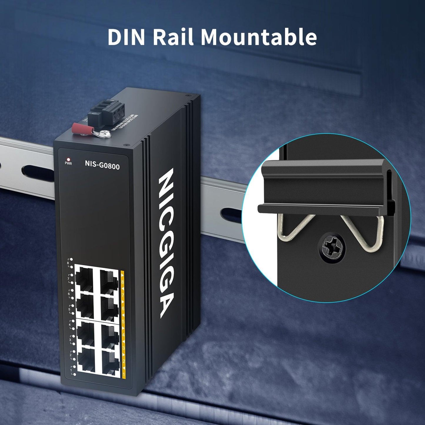 NICGIGA 5 Port Hardened Industrial Gigabit DIN-Rail Ethernet Switch, with 4 x 1000Mbps Ports, 1 Gigabit UPLink Port Industrial Network Switch. IP40 Metal Enclosure(-30° to 75°)