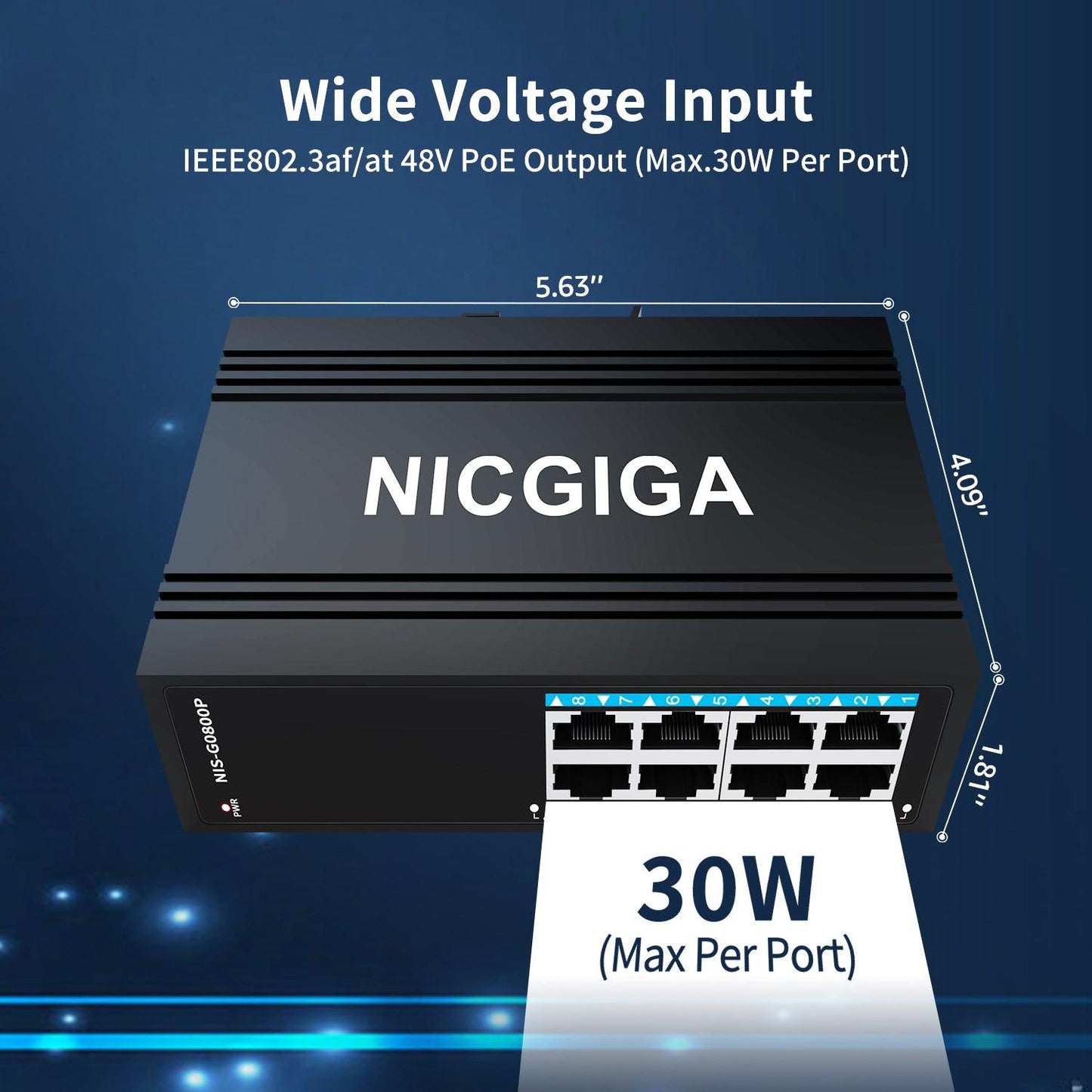 NICGIGA 8 Port Industrial Gigabit PoE Switch DIN-Rail, with 8 x IEEE802.3af/at 30W PoE Ports @245W Port Industrial PoE Network Ethernet Switch. IP40 Metal Enclosure(-30° to 75°)