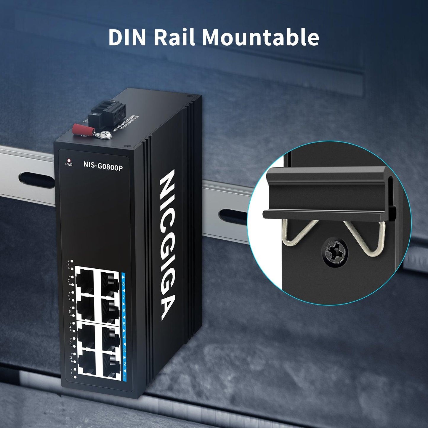 NICGIGA 8 Port Industrial Gigabit PoE Switch DIN-Rail, with 8 x IEEE802.3af/at 30W PoE Ports @245W Port Industrial PoE Network Ethernet Switch. IP40 Metal Enclosure(-30° to 75°)