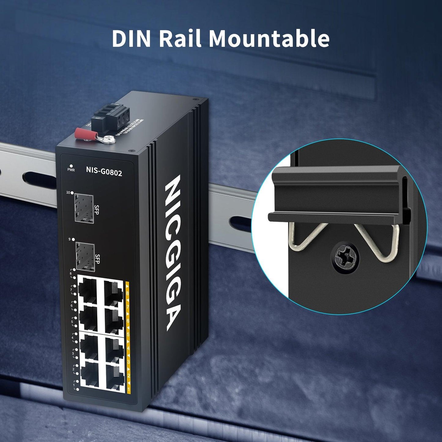 NICGIGA 10 Port Hardened Industrial Gigabit Ethernet Switch, with 8 x 1000Mbps RJ45 Ports +2 SFP Uplink Network Switch. DIN-Rail & Mount, IP40 Metal Enclosure(-30° to 75°)