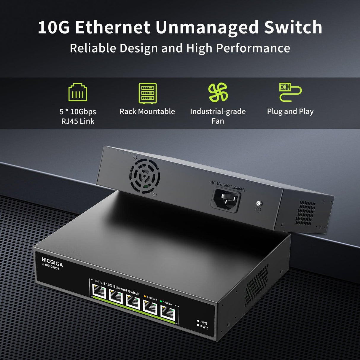 5 Port 10G Ethernet Switch Unmanaged,with 5X 10Gb Base-T RJ45 Ports, NICGIGA 10Gbps Network Switch Easy for 10G NAS,PC,WiFi7 Router,10G Adapter/NIC. Desktop or 19-inch Rack Mount, Plug and Play. - NICGIGA