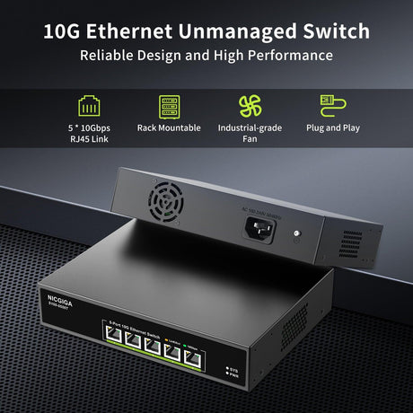 5 Port 10G Ethernet Switch Unmanaged,with 5X 10Gb Base-T RJ45 Ports, NICGIGA 10Gbps Network Switch Easy for 10G NAS,PC,WiFi7 Router,10G Adapter/NIC. Desktop or 19-inch Rack Mount, Plug and Play. - NICGIGA