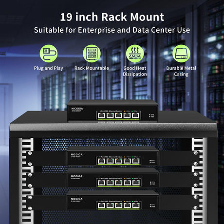 5 Port 10G Ethernet Switch Unmanaged,with 5X 10Gb Base-T RJ45 Ports, NICGIGA 10Gbps Network Switch Easy for 10G NAS,PC,WiFi7 Router,10G Adapter/NIC. Desktop or 19-inch Rack Mount, Plug and Play. - NICGIGA