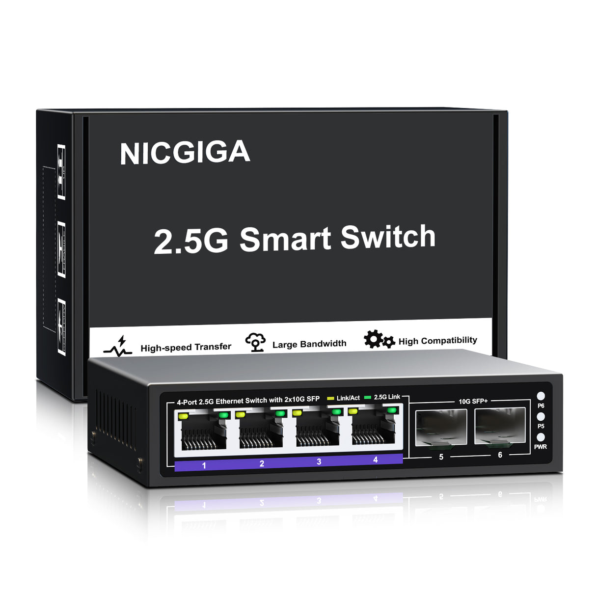 6 Port 2.5G Unmanaged Ethernet Switch, 4 x 2.5G Base-T Ports, 2 x 10G SFP+, Compatible with 100/1000/2500Mbps, Metal Fanless, Desktop/Wall Mount NICGIGA 2.5Gbe Network Switch for Wireless AP, NAS, PC