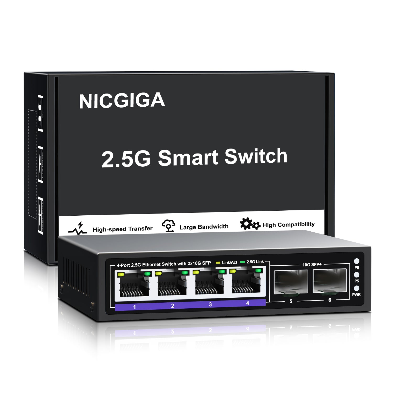 6 Port 2.5G Unmanaged Ethernet Switch, 4 x 2.5G Base-T Ports, 2 x 10G SFP+, Compatible with 100/1000/2500Mbps, Metal Fanless, Desktop/Wall Mount NICGIGA 2.5Gbe Network Switch for Wireless AP, NAS, PC