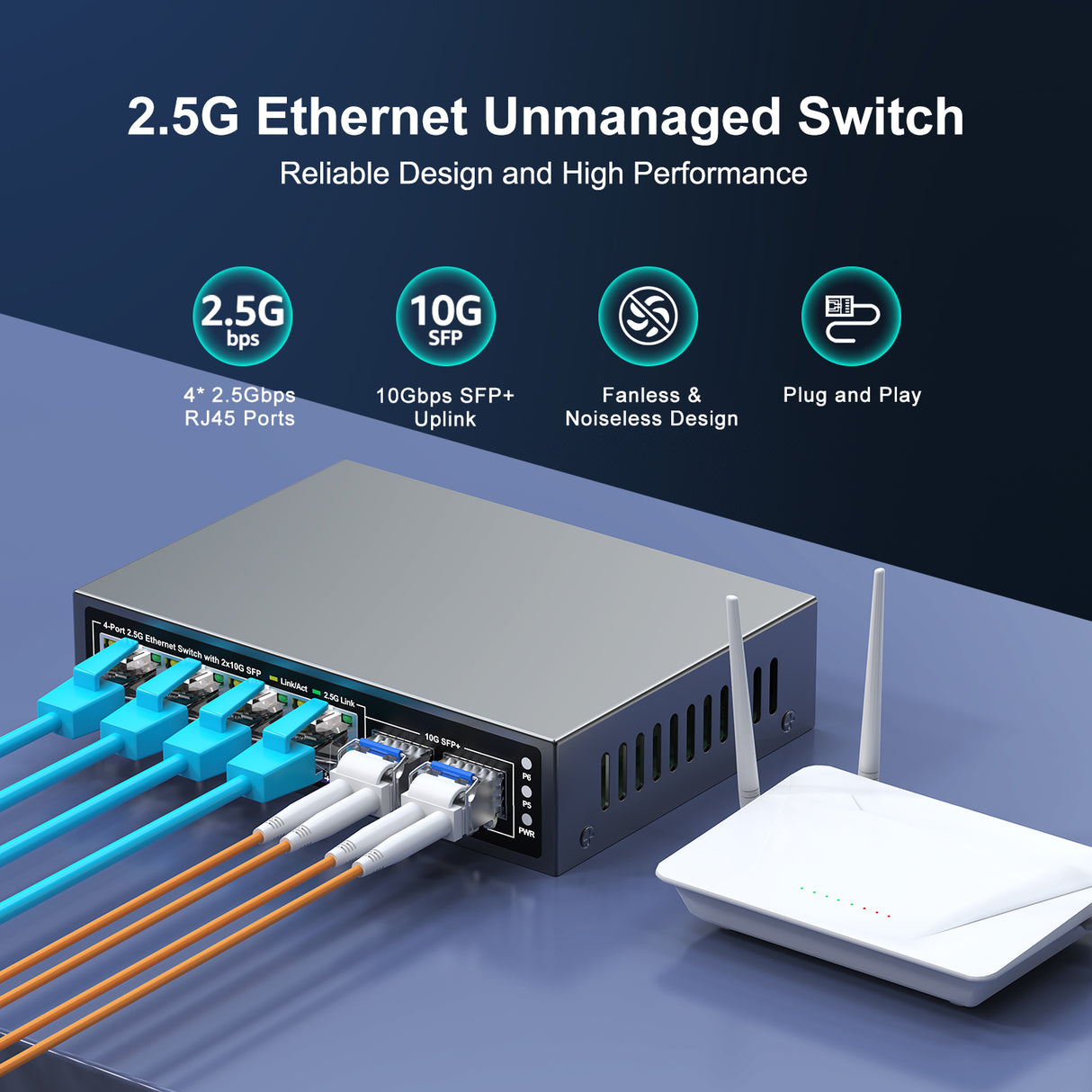 6 Port 2.5G Unmanaged Ethernet Switch, 4 x 2.5G Base-T Ports, 2 x 10G SFP+, Compatible with 100/1000/2500Mbps, Metal Fanless, Desktop/Wall Mount NICGIGA 2.5Gbe Network Switch for Wireless AP, NAS, PC