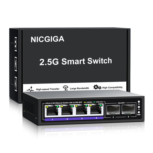 6 Port 2.5G Unmanaged Ethernet Switch, 4 x 2.5G Base-T Ports, 2 x 10G SFP+, Compatible with 100/1000/2500Mbps, Metal Fanless, Desktop/Wall Mount NICGIGA 2.5Gbe Network Switch for Wireless AP, NAS, PC