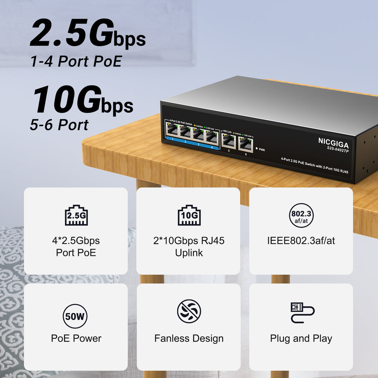 6 Port 2.5Gb PoE Switch Unmanaged with 4 Port 2.5G Base-T PoE+@50W + 2 x 10G RJ45 Uplink, NICGIGA 6 Port 2.5Gbe IEEE802.3af/at Power Over Ethernet Switch, Support WiFi6 AP, NAS, 4K PoE Camera NVR.