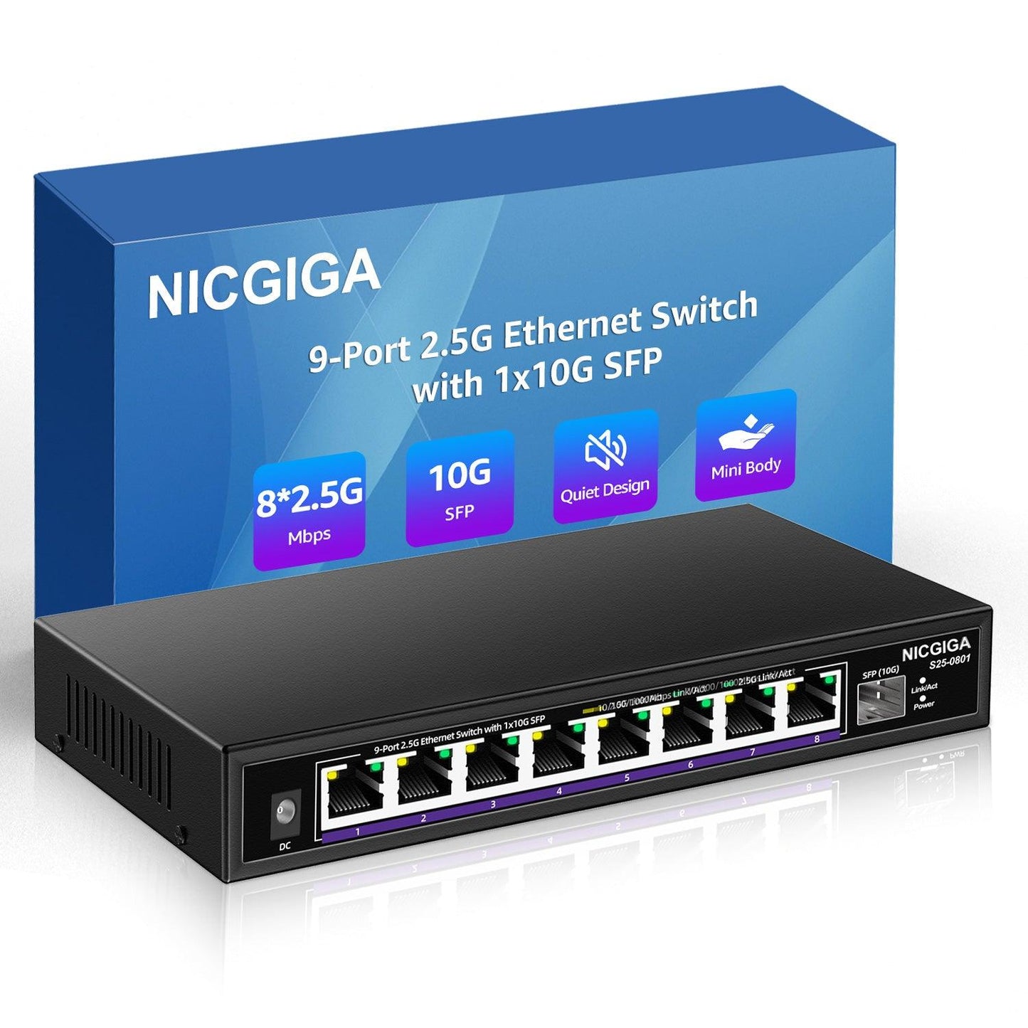 8 Port 2.5G Ethernet Switch with 10G SFP Uplink, NICGIGA Unmanaged 2.5Gb Network Switch, Plug & Play, Desktop/Wall-Mount, Fanless Metal Design.