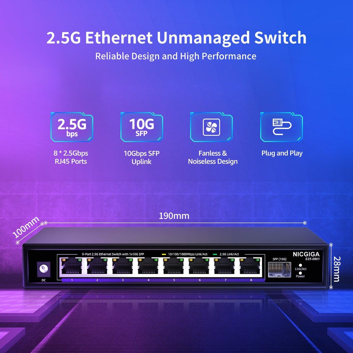 8 Port 2.5G Ethernet Switch with 10G SFP Uplink, NICGIGA Unmanaged 2.5Gb Network Switch, Plug & Play, Desktop/Wall-Mount, Fanless Metal Design.