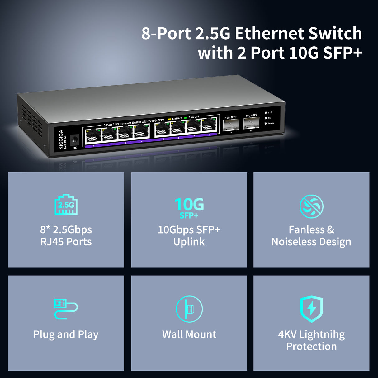 8-Port-2,5-G-Ethernet-Switch mit 10-G-SFP-Uplink, NICGIGA Unmanaged 2,5-Gbit-Netzwerk-Switch, Plug & Play, Desktop-/Wandmontage, lüfterloses Metalldesign.
