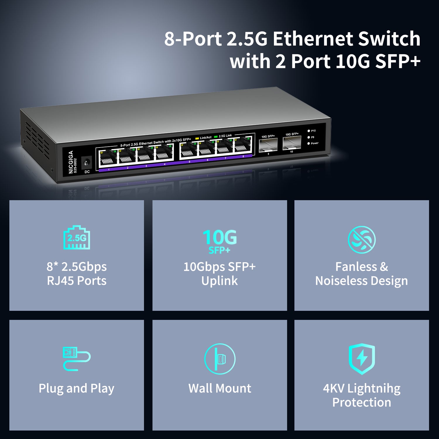 8-Port-2,5-G-Ethernet-Switch mit 10-G-SFP-Uplink, NICGIGA Unmanaged 2,5-Gbit-Netzwerk-Switch, Plug & Play, Desktop-/Wandmontage, lüfterloses Metalldesign.