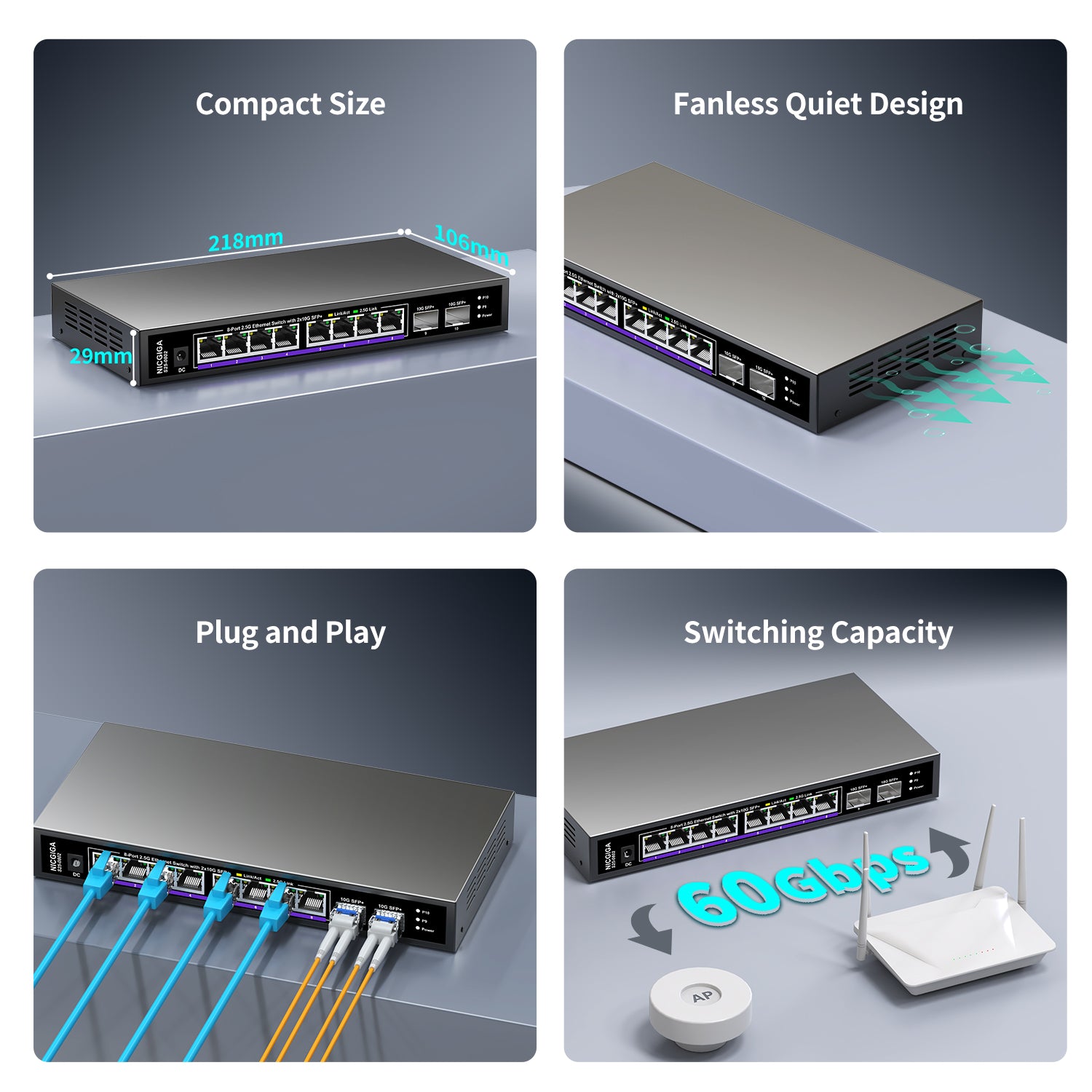 8-Port-2,5-G-Ethernet-Switch mit 10-G-SFP-Uplink, NICGIGA Unmanaged 2,5-Gbit-Netzwerk-Switch, Plug & Play, Desktop-/Wandmontage, lüfterloses Metalldesign.