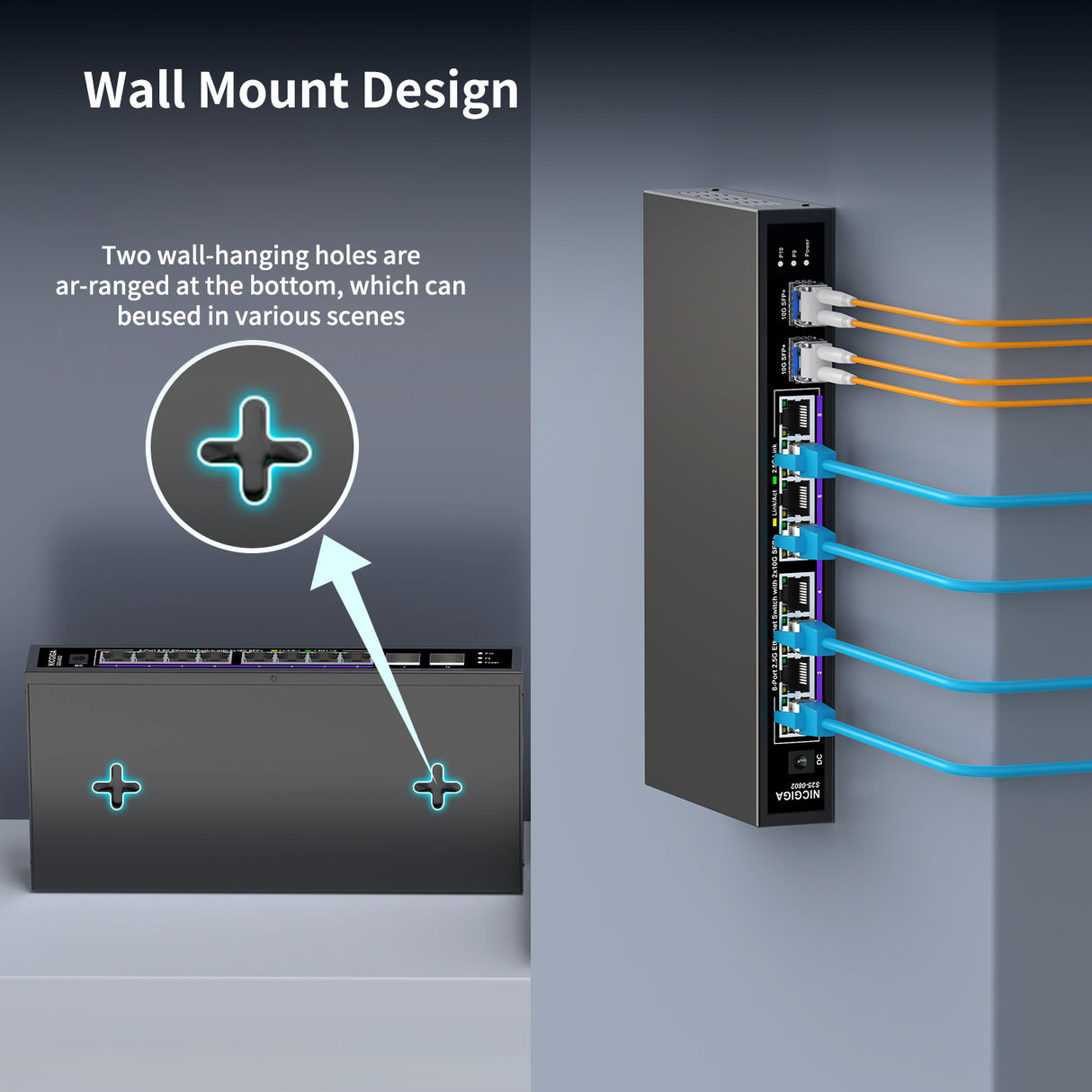 8-Port-2,5-G-Ethernet-Switch mit 10-G-SFP-Uplink, NICGIGA Unmanaged 2,5-Gbit-Netzwerk-Switch, Plug & Play, Desktop-/Wandmontage, lüfterloses Metalldesign.