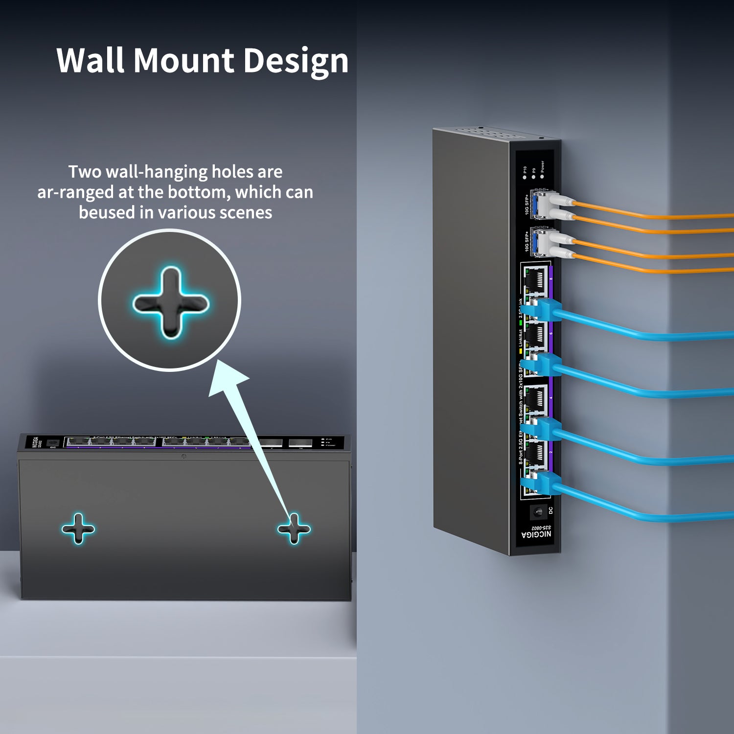 8-Port-2,5-G-Ethernet-Switch mit 10-G-SFP-Uplink, NICGIGA Unmanaged 2,5-Gbit-Netzwerk-Switch, Plug & Play, Desktop-/Wandmontage, lüfterloses Metalldesign.