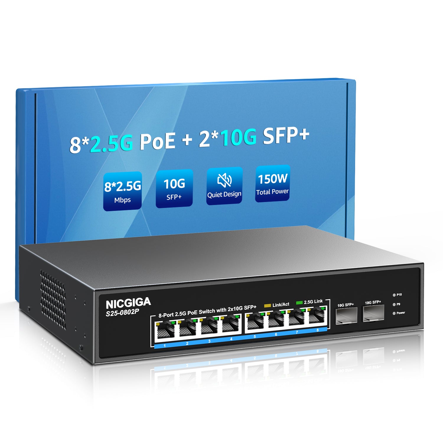 8 Port 2.5G PoE Switch Unmanaged with 8 Port 2.5Gb Base-T PoE+@130W + 2 x 10G SFP+ Uplink, NICGIGA 10 Port 2.5Gbe IEEE802.3af/at Power Over Ethernet Switch, Support WiFi6 AP, NAS, 4K PoE Camera NVR.