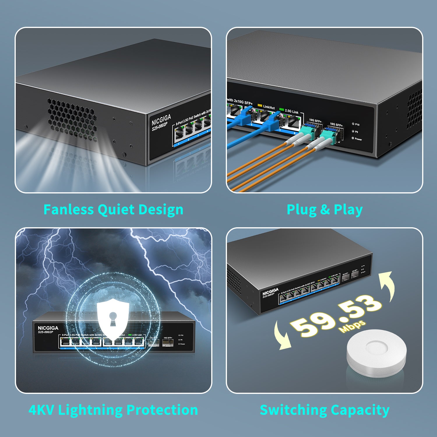 8 Port 2.5G PoE Switch Unmanaged with 8 Port 2.5Gb Base-T PoE+@130W + 2 x 10G SFP+ Uplink, NICGIGA 10 Port 2.5Gbe IEEE802.3af/at Power Over Ethernet Switch, Support WiFi6 AP, NAS, 4K PoE Camera NVR.