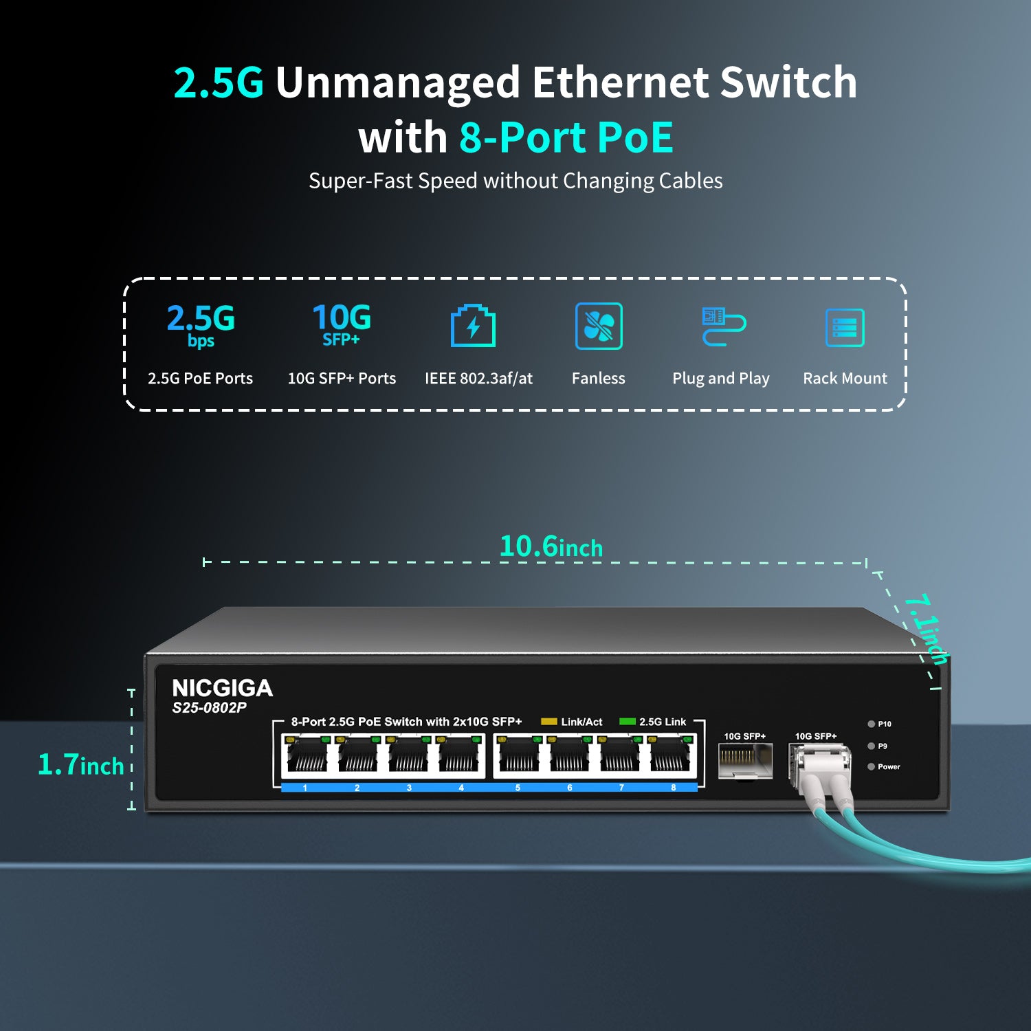 8 Port 2.5G PoE Switch Unmanaged with 8 Port 2.5Gb Base-T PoE+@130W + 2 x 10G SFP+ Uplink, NICGIGA 10 Port 2.5Gbe IEEE802.3af/at Power Over Ethernet Switch, Support WiFi6 AP, NAS, 4K PoE Camera NVR.