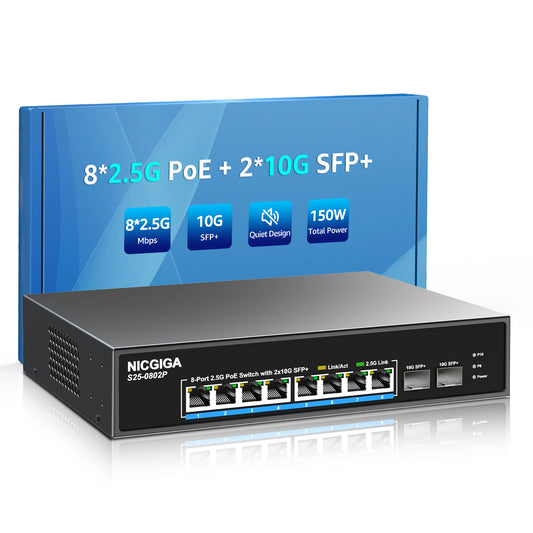 8 Port 2.5G PoE Switch Unmanaged with 8 Port 2.5Gb Base-T PoE+@130W + 2 x 10G SFP+ Uplink, NICGIGA 10 Port 2.5Gbe IEEE802.3af/at Power Over Ethernet Switch, Support WiFi6 AP, NAS, 4K PoE Camera NVR.