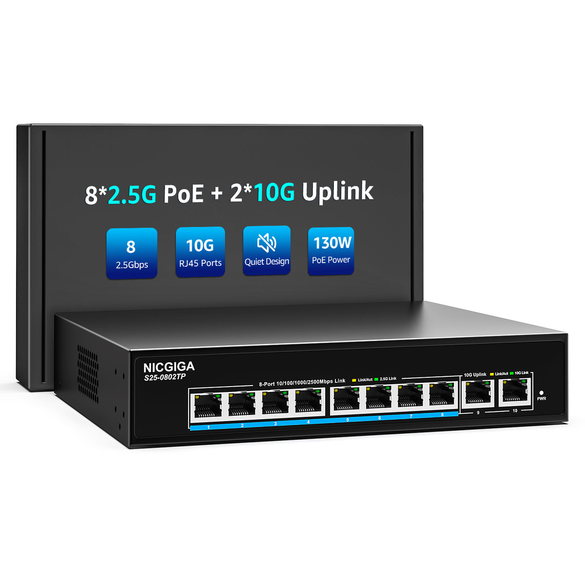 8 Port 2.5Gb PoE (130W) + 2 Port 10Gb RJ45 Network Switch Unmanaged, NICGIGA 10 Port 2.5G IEEE802.3af/at Power Over Ethernet Switch, Support WiFi6 AP, NAS, 4K PoE Camera NVR.