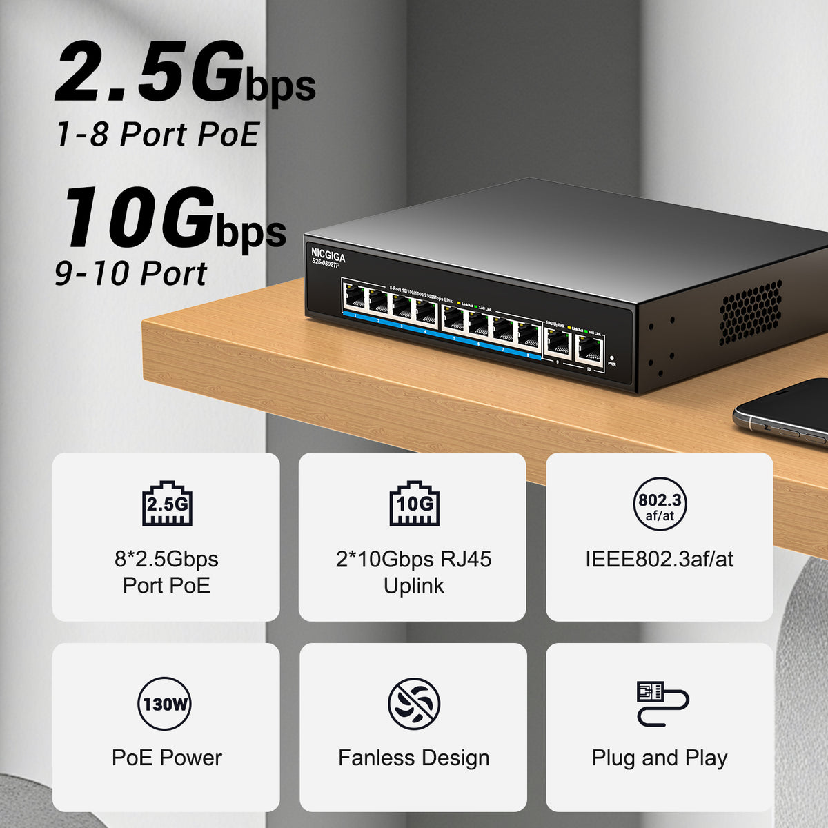 8 Port 2.5Gb PoE (130W) + 2 Port 10Gb RJ45 Network Switch Unmanaged, NICGIGA 10 Port 2.5G IEEE802.3af/at Power Over Ethernet Switch, Support WiFi6 AP, NAS, 4K PoE Camera NVR.