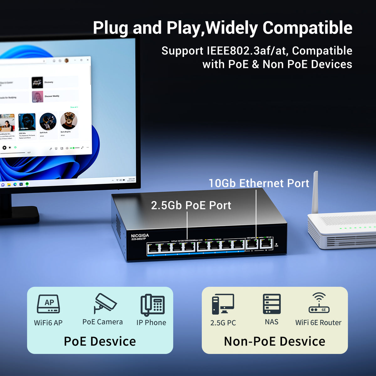 8 Port 2.5Gb PoE (130W) + 2 Port 10Gb RJ45 Network Switch Unmanaged, NICGIGA 10 Port 2.5G IEEE802.3af/at Power Over Ethernet Switch, Support WiFi6 AP, NAS, 4K PoE Camera NVR.