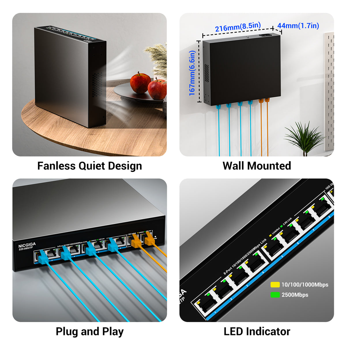 8 Port 2.5Gb PoE (130W) + 2 Port 10Gb RJ45 Network Switch Unmanaged, NICGIGA 10 Port 2.5G IEEE802.3af/at Power Over Ethernet Switch, Support WiFi6 AP, NAS, 4K PoE Camera NVR.