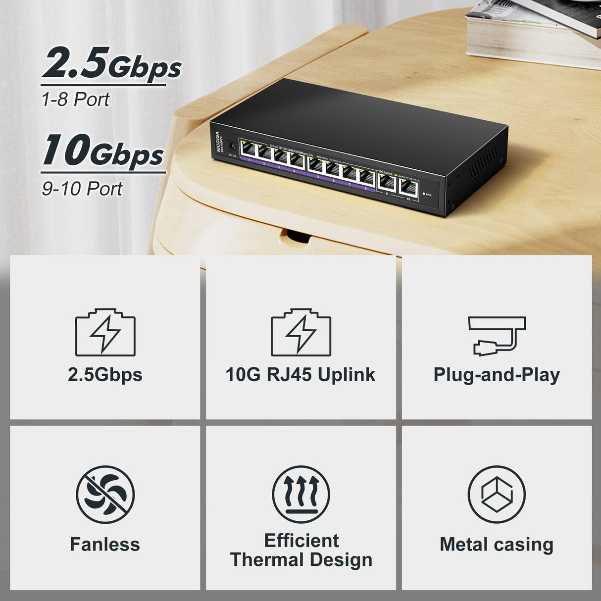 10Gbe Ethernet Switch Unmanaged with 2 x 10Gb RJ45 Ports ➕ 8 x 2.5Gb Base-T Ports, Desktop/Wall Mount NICGIGA 10 Port 10Gbps Network Switch for Wireless AP, NAS, PC