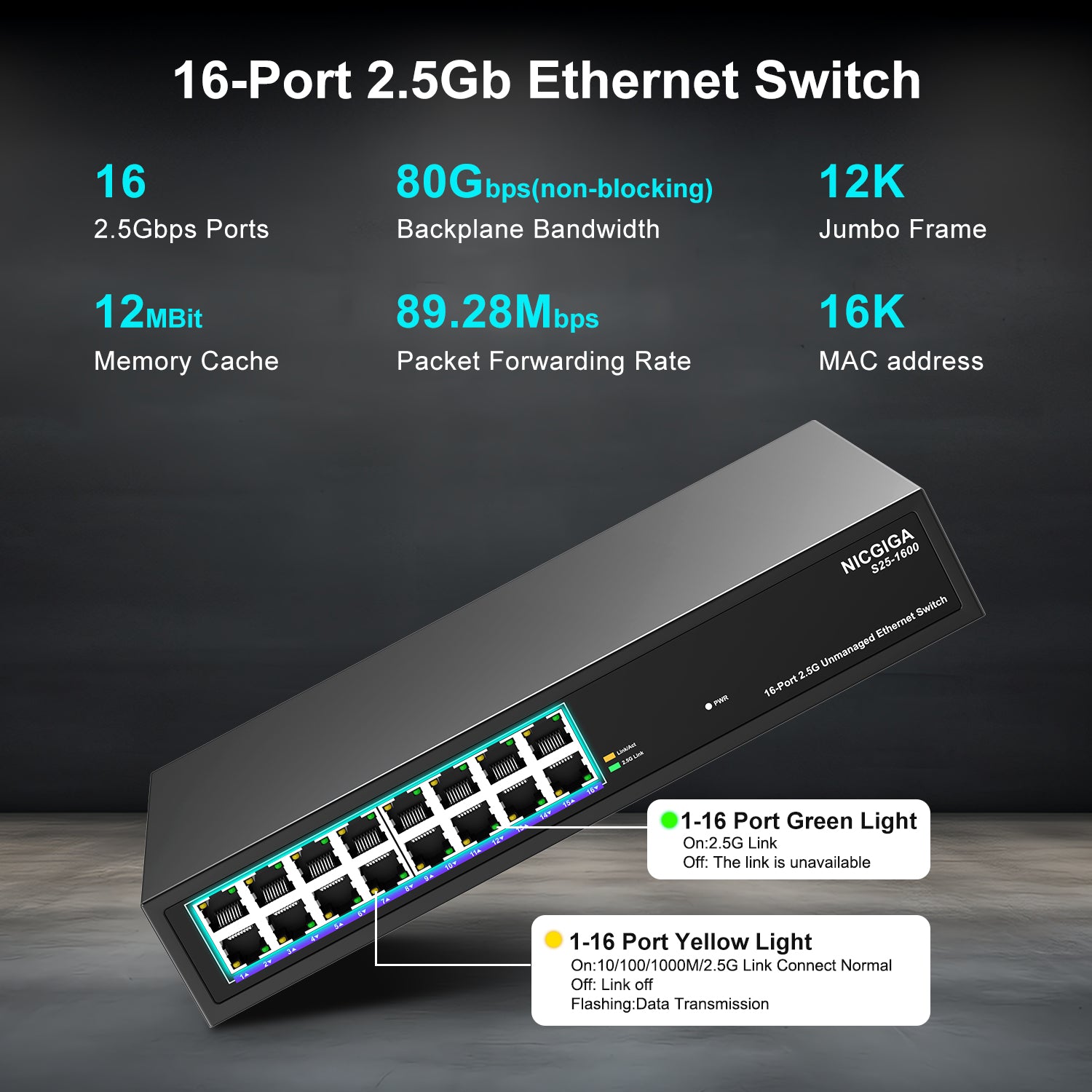 16 Port 2.5Gb Ethernet Switch Unmanaged, NICGIGA 16 Port 2.5G Network Switch, Plug & Play, Desktop or 19-inch Rack Mount, Fanless Metal Design.