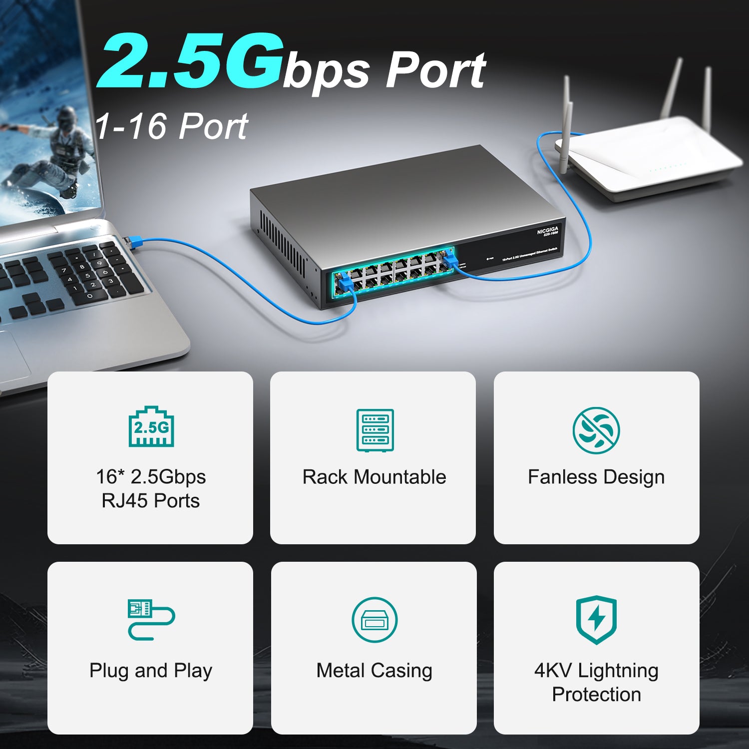 16 Port 2.5Gb Ethernet Switch Unmanaged, NICGIGA 16 Port 2.5G Network Switch, Plug & Play, Desktop or 19-inch Rack Mount, Fanless Metal Design.