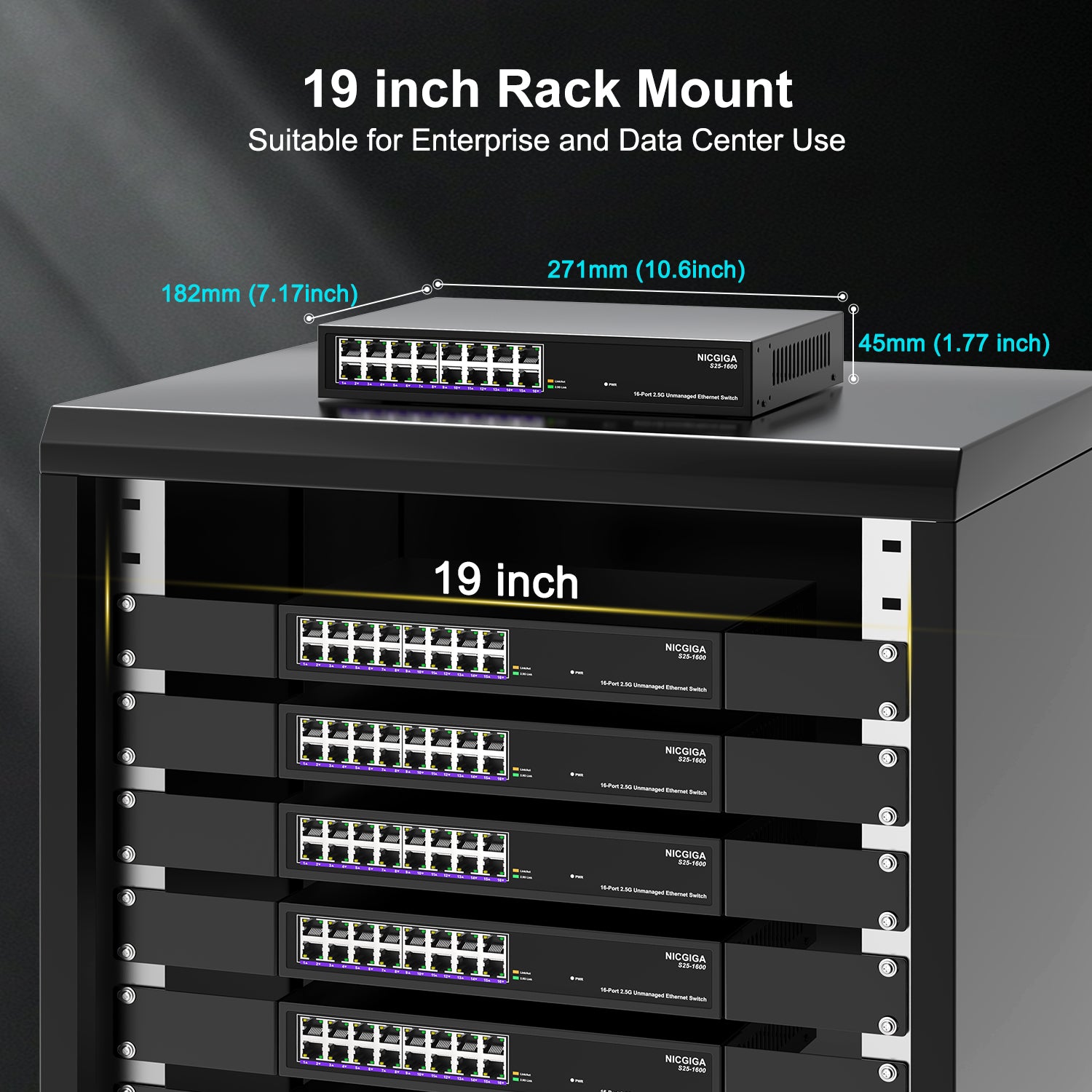 16 Port 2.5Gb Ethernet Switch Unmanaged, NICGIGA 16 Port 2.5G Network Switch, Plug & Play, Desktop or 19-inch Rack Mount, Fanless Metal Design.