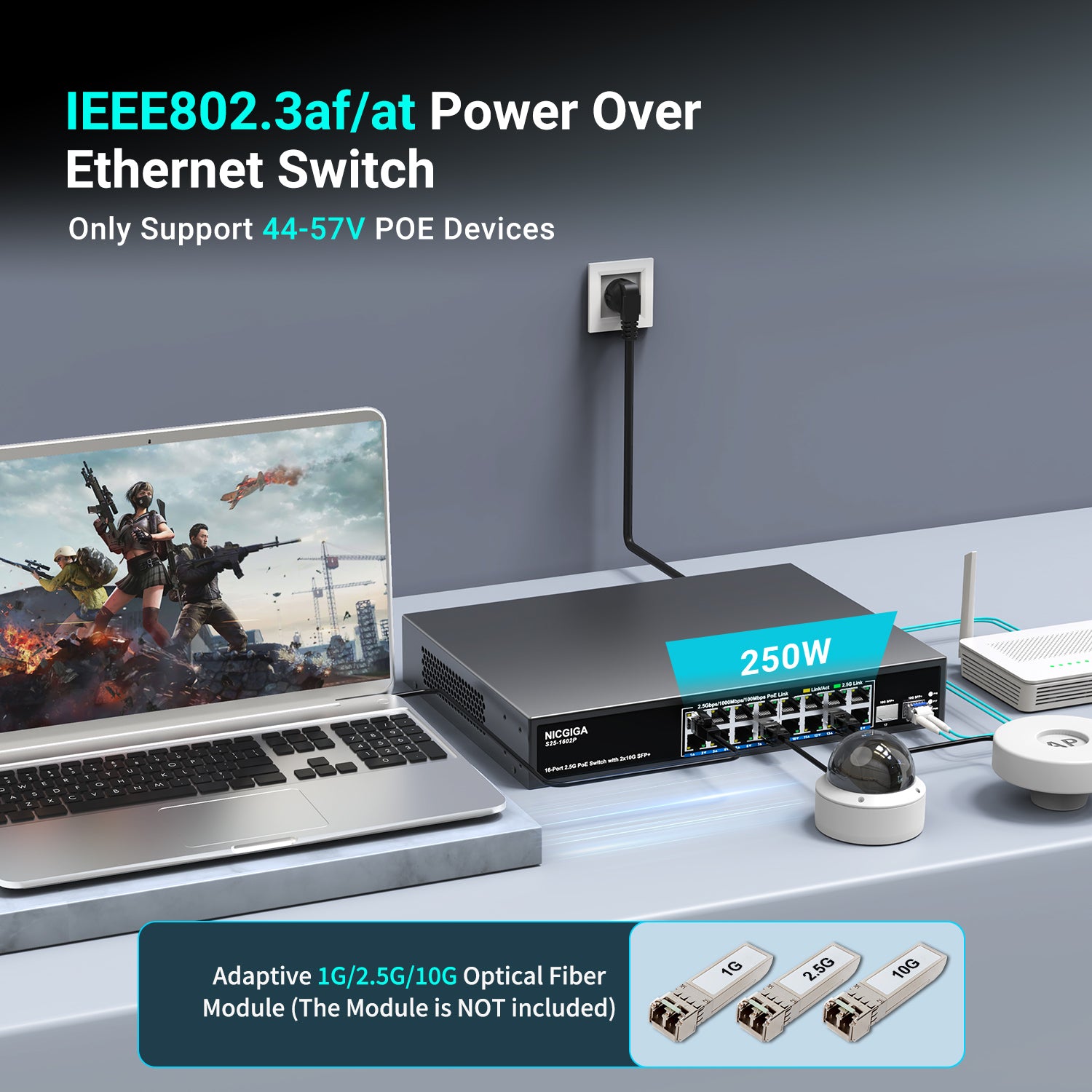16 Port 2.5G PoE Switch Unmanaged with 16 Port 2.5Gb Base-T PoE+@250W + 2 x 10G SFP+ Uplink, NICGIGA 18 Port 2.5Gbe IEEE802.3af/at Power Over Ethernet Switch, Support WiFi6 AP, NAS, 4K PoE Camera NVR.