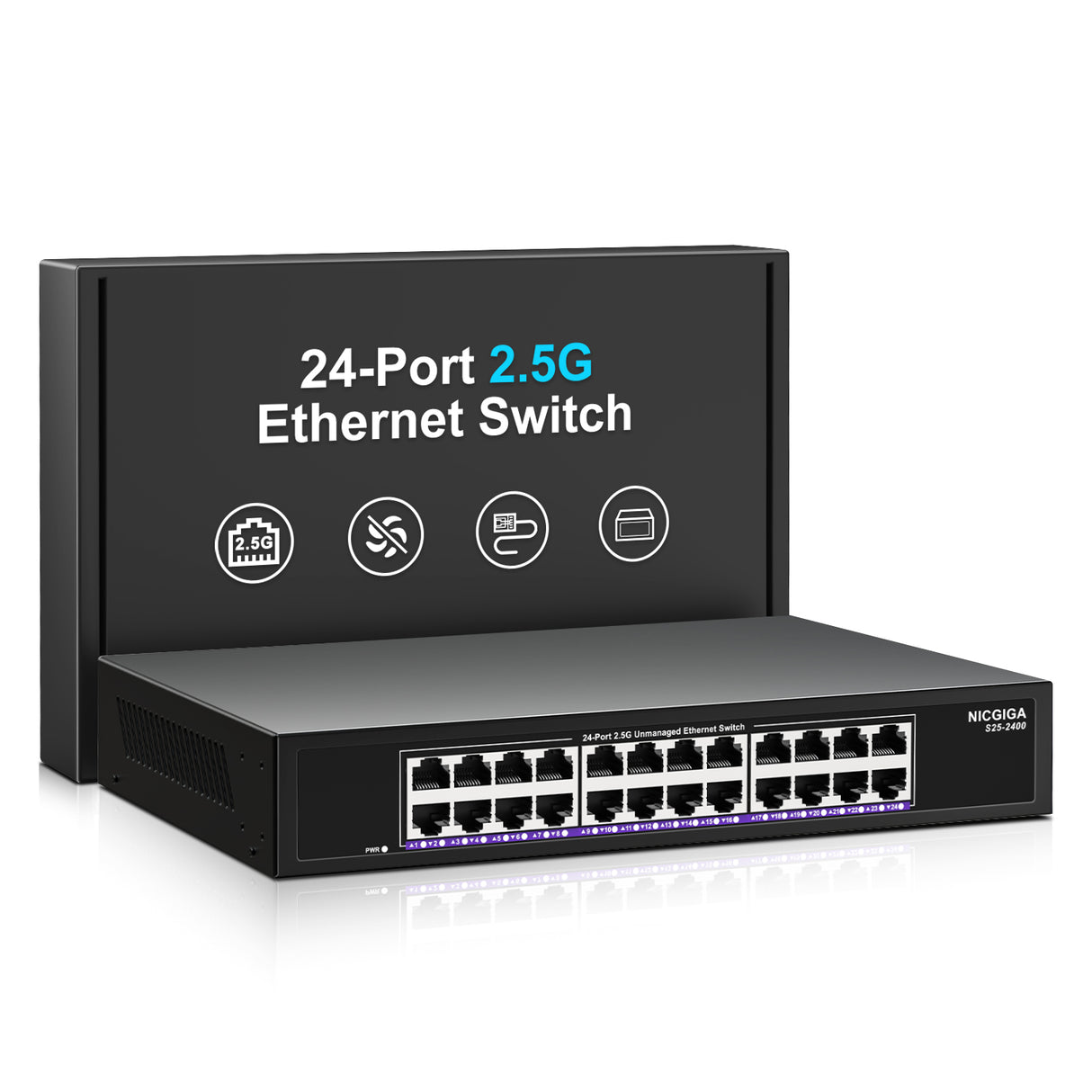 24 Port 2.5Gb Ethernet Switch Unmanaged, NICGIGA 24 Port 2.5G Network Switch, Plug & Play, Desktop or 19-inch Rack Mount, Fanless Metal Design.