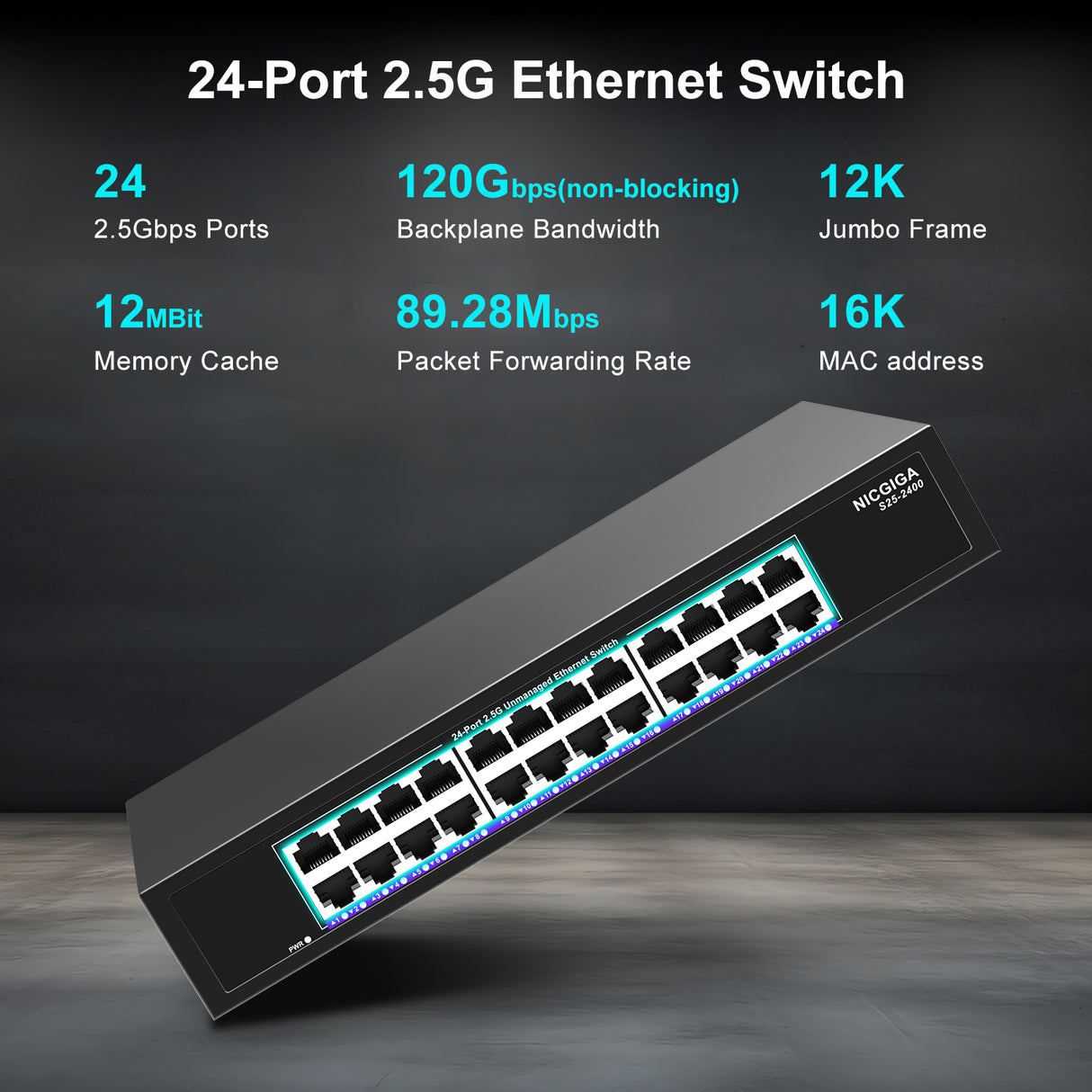 24 Port 2.5Gb Ethernet Switch Unmanaged, NICGIGA 24 Port 2.5G Network Switch, Plug & Play, Desktop or 19-inch Rack Mount, Fanless Metal Design.
