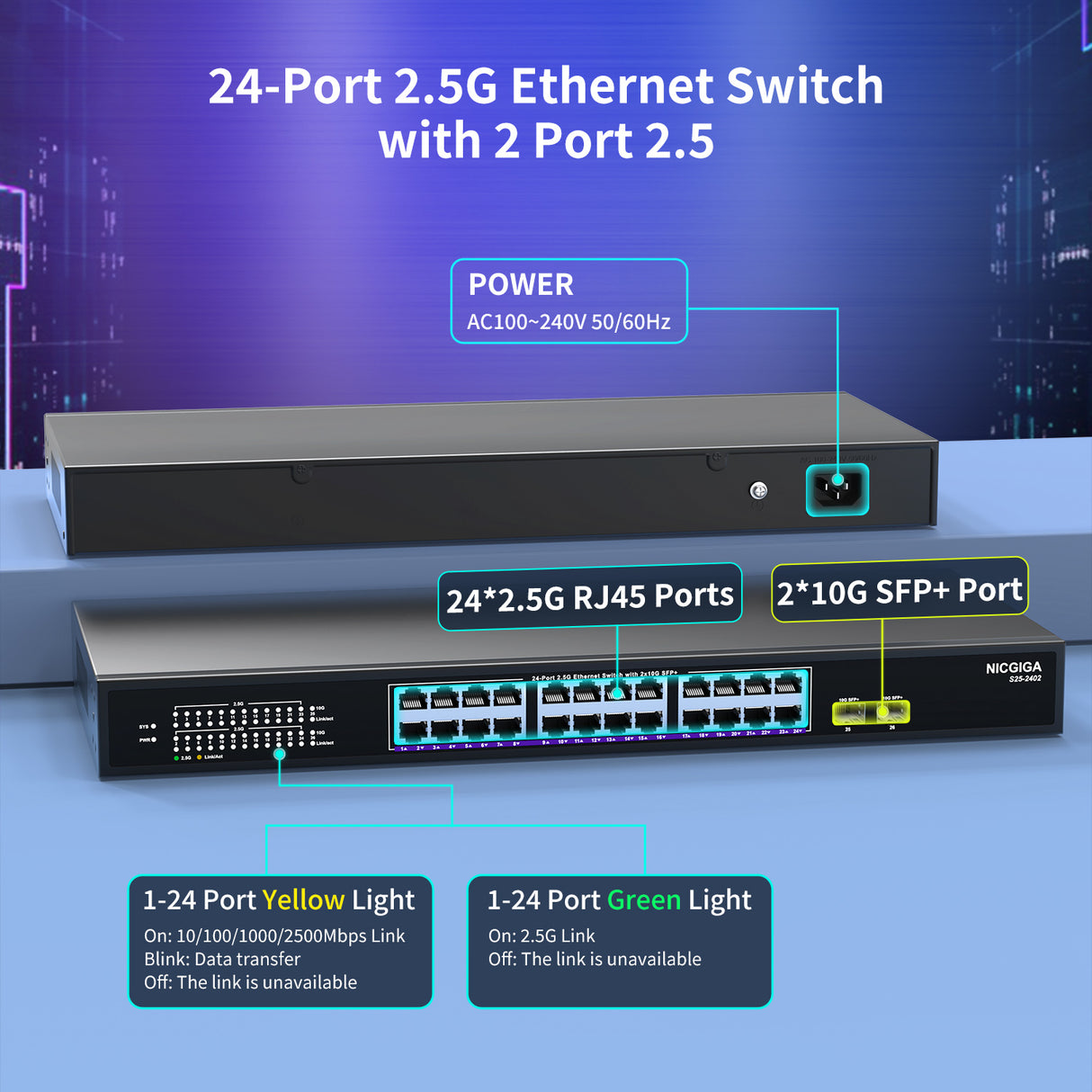 24 Port 2.5G ➕ 2 Port 10G SFP+ Ethernet Switch, NICGIGA 26 Port 2.5Gb Network Switch Unmanaged, Plug & Play, Desktop or 19-inch Rack Mount, Fanless Metal Design.