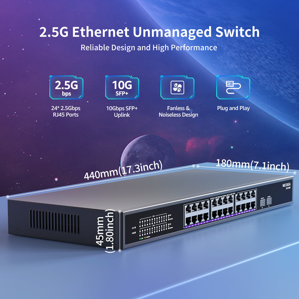 24 Port 2.5G ➕ 2 Port 10G SFP+ Ethernet Switch, NICGIGA 26 Port 2.5Gb Network Switch Unmanaged, Plug & Play, Desktop or 19-inch Rack Mount, Fanless Metal Design.