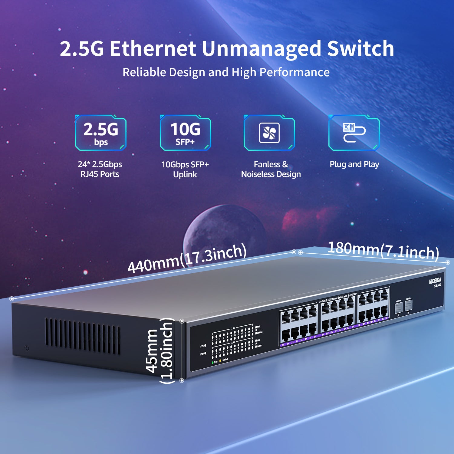 24 Port 2.5G ➕ 2 Port 10G SFP+ Ethernet Switch, NICGIGA 26 Port 2.5Gb Network Switch Unmanaged, Plug & Play, Desktop or 19-inch Rack Mount, Fanless Metal Design.