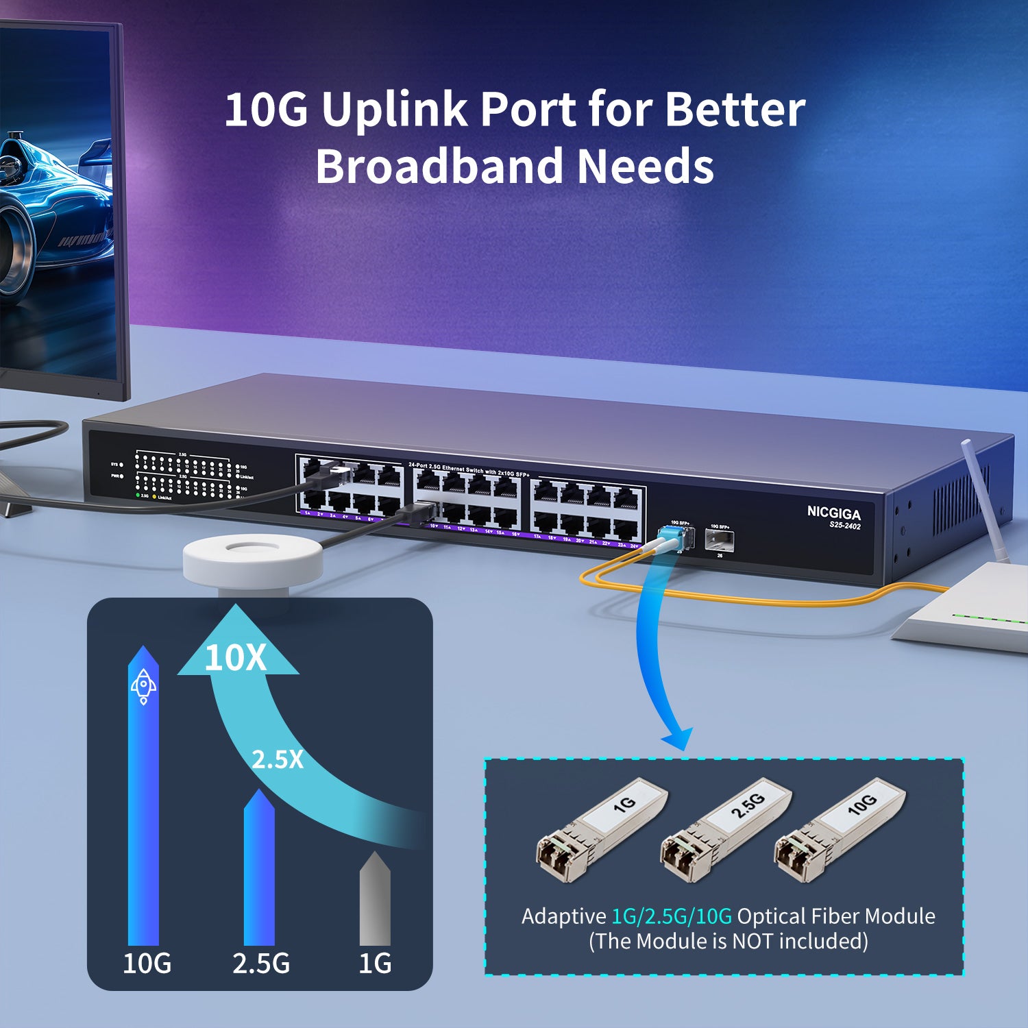 24 Port 2.5G ➕ 2 Port 10G SFP+ Ethernet Switch, NICGIGA 26 Port 2.5Gb Network Switch Unmanaged, Plug & Play, Desktop or 19-inch Rack Mount, Fanless Metal Design.