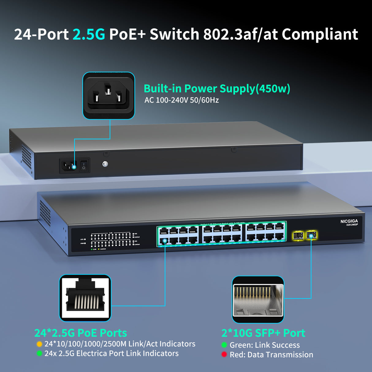 24 Port 2.5G PoE Switch Unmanaged with 24 Port 2.5Gb Base-T PoE+@400W + 2 x 10G SFP+ Uplink, NICGIGA 26 Port 2.5Gbe IEEE802.3af/at Power Over Ethernet Switch, Support WiFi6 AP, NAS, 4K PoE Camera NVR.