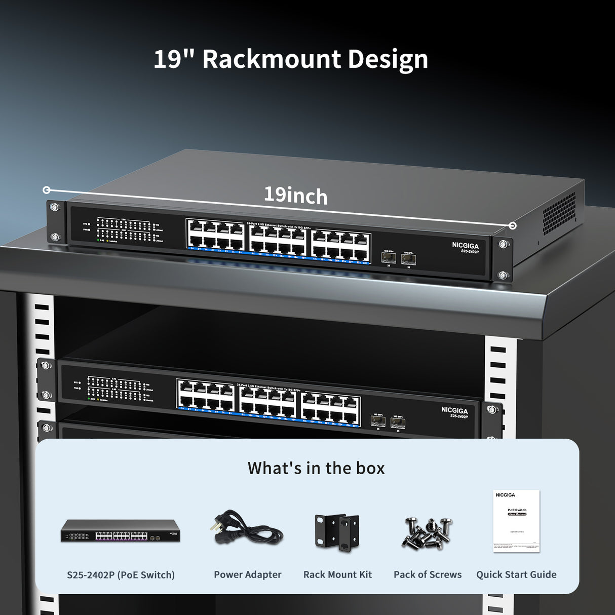 24 Port 2.5G PoE Switch Unmanaged with 24 Port 2.5Gb Base-T PoE+@400W + 2 x 10G SFP+ Uplink, NICGIGA 26 Port 2.5Gbe IEEE802.3af/at Power Over Ethernet Switch, Support WiFi6 AP, NAS, 4K PoE Camera NVR.