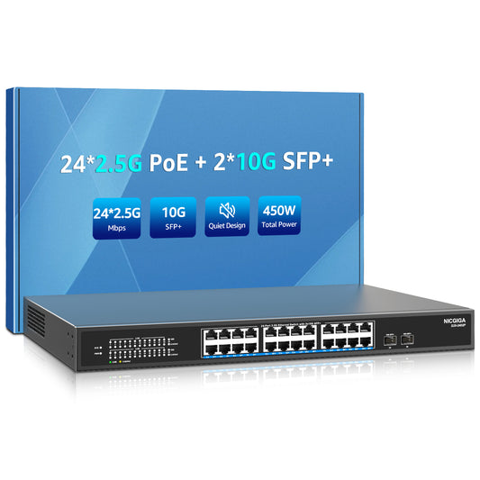 24 Port 2.5G PoE Switch Unmanaged with 24 Port 2.5Gb Base-T PoE+@400W + 2 x 10G SFP+ Uplink, NICGIGA 26 Port 2.5Gbe IEEE802.3af/at Power Over Ethernet Switch, Support WiFi6 AP, NAS, 4K PoE Camera NVR.