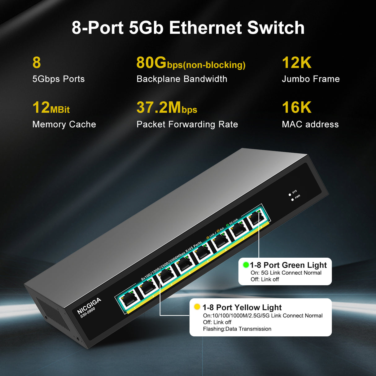 NICGIGA 8-Port 5Gb Base-T Switch | Unmanaged Multi-Gig Ethernet for NAS/WiFi 7 | Desktop & 19-inch Rack Mount